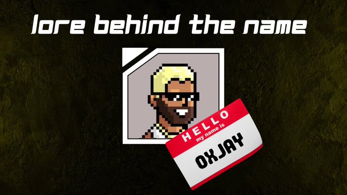 This image is titled "Lore Behind The Name" and features a pixelated avatar next to a name tag reading "OXJAY", which directly relates to the post about learning the story behind the name.