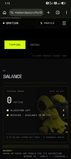 A mobile screenshot shows the $MOTION profile page with a "BALANCE" section displaying "TIPPING POWER 0", "0 OF 50,000 TIPPED OUT TODAY", and menu items "TIPPING" and "SOCIAL".