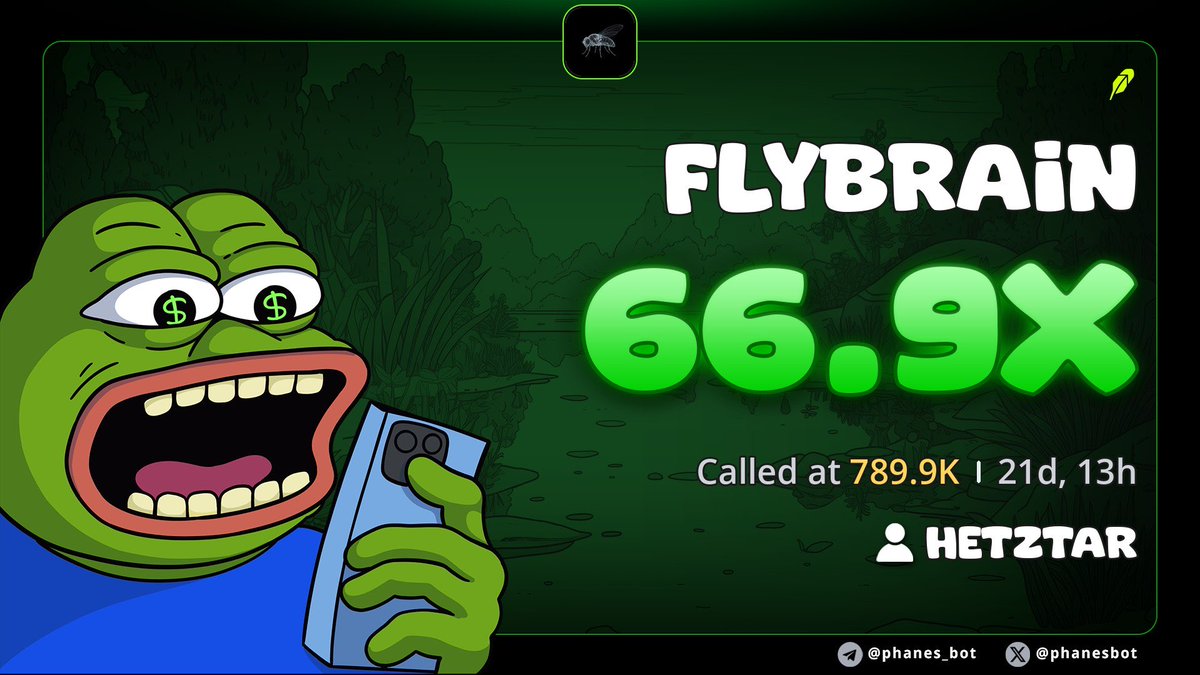 A green-tinted graphic featuring the Pepe the Frog meme holding a phone, promoting 'FLYBRAiN' with '66.9X Called at 789.9K | 21d, 13h' and 'HETZ TAR' branding.