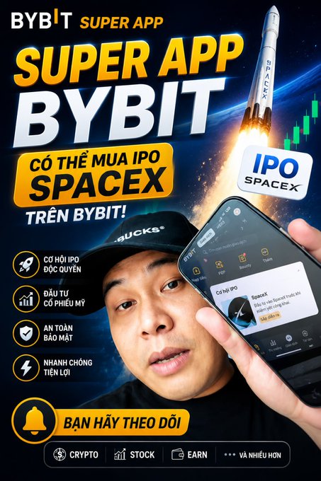 A poster with a man holding his phone displaying an app called Bybit Super App while there is also a rocket and a text box with symbols that read "BV-bybit", "BV...", "#Bybit". The sign indicates that the poster is part of a free Bitcoin tutorial or advertisement. The photo focuses on the man's phone, emphasizing his involvement in the app by holding it up to show the screen.