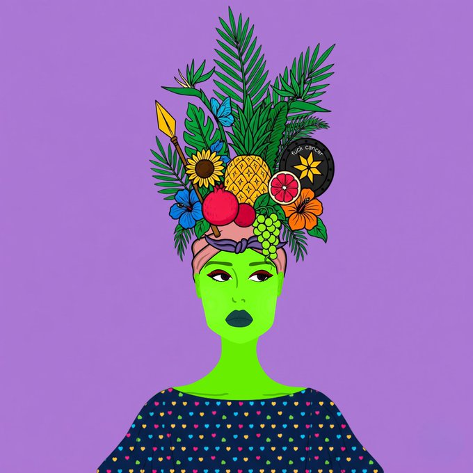 A digital illustration depicts a woman with green skin wearing a headdress made of tropical leaves, fruits, flowers, and a "Tuca Donka" badge against a purple background.
