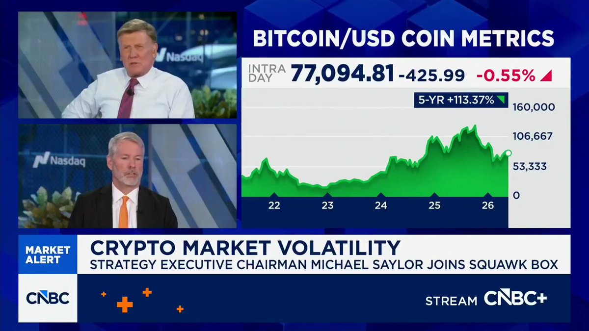The image shows a panel of two men seated behind a blue screen, one wearing a white shirt and the other a red tie. They are reporting on Bitcoin (BTC) as market indicators, particularly focusing on USDC coin metrics, such as the daily exchange rate between BTC and USD. The discussion centers around the scarcity and future value of Bitcoin in the current market situation. The image does not provide any specific information about their names or positions within a company.