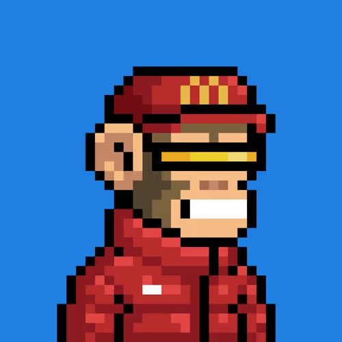 Pixel art sprite of a mail carrier in a red uniform and red cap, set against a solid blue background.