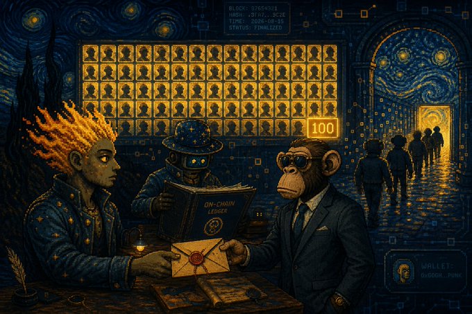 A stylized Van Gogh 'Starry Night'-themed NFT artwork showing figures with flame-like hair, a robot, and an ape in suits examining an 'ON-CHAIN LEDGER' and a sealed envelope marked '100'.