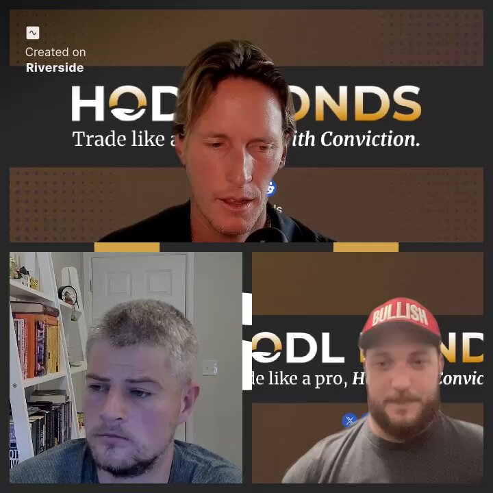 In this collage of images, there are three men positioned against each other as if they're having a conversation or a presentation. They appear to be discussing topics related to cryptocurrency, such as Bitcoin and HODL Bonds. There's also text visible in the images that further supports these themes. One of the men is wearing a red baseball cap with the word "BOND", while another man has his hair cut short, possibly resembling a bearded man. The collage appears to be part of a larger social media post or promotional material featuring the men and their topics of discussion.