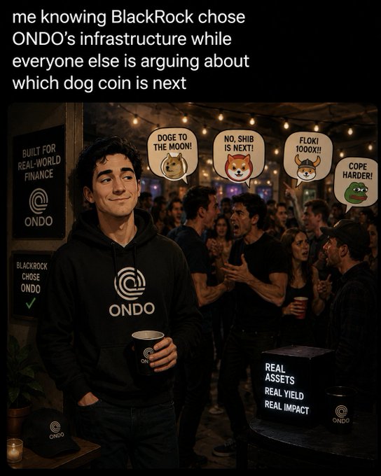 The image features a man standing next to a table with a cup of coffee, surrounded by several other people who are also holding cups of coffee. The background includes a sign that says "Noise is loud. Infrastructure is quiet." This suggests that the scene takes place in an area where noise levels are high and infrastructure seems quiet or underdeveloped. The man's presence near this table with his cup of coffee could be interpreted as him being at a social gathering, possibly discussing the post about ONDO choosing to invest in infrastructure while others argue about which dog coin is next.

The image also includes several other people holding cups of coffee and a sign that says "Noise is loud. Infrastructure is quiet." This further supports the idea that this scene takes place in an area where noise levels are high, possibly due to the presence of ONDO or similar companies investing in infrastructure development.