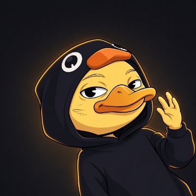 An illustration of a person wearing a black hoodie with a duck-themed hood (featuring a duck bill and eyes) making a peace sign gesture.