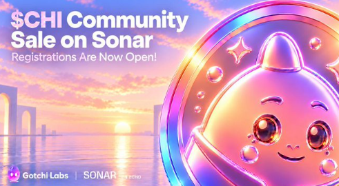 Promotional graphic reading '$CHI Community Sale on Sonar - Registrations Are Now Open!' by Gotchi Labs, featuring a cute pink character in a bubble against a sunset cityscape.