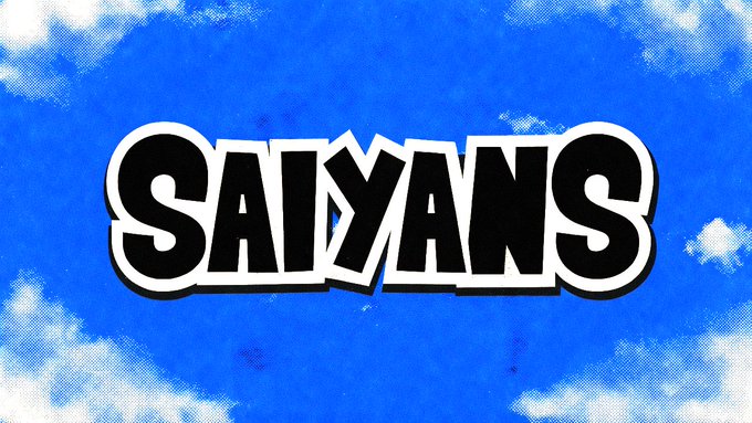 Graphic with bold text 'SAIYANS' against a blue sky with clouds background.