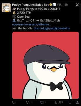 A Twitter post from Pudgy Penguins Sales Bot announces that Pudgy Penguin #7045 was BOUGHT for 3.720 ETH on OpenSea, featuring an image of a penguin wearing a black hat and bow tie.