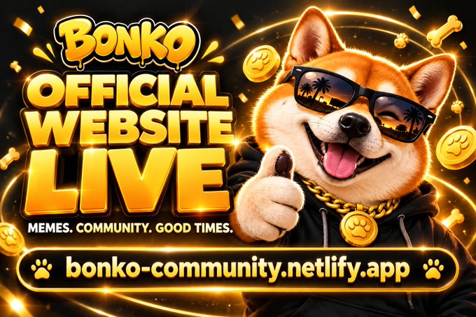 An advertisement banner showing a Shiba Inu dog wearing sunglasses giving a thumbs up, with text reading 'BONKO OFFICIAL WEBSITE LIVE - MEMES. COMMUNITY. GOOD TIMES.' and the URL 'bonko-community.netlify.app'.