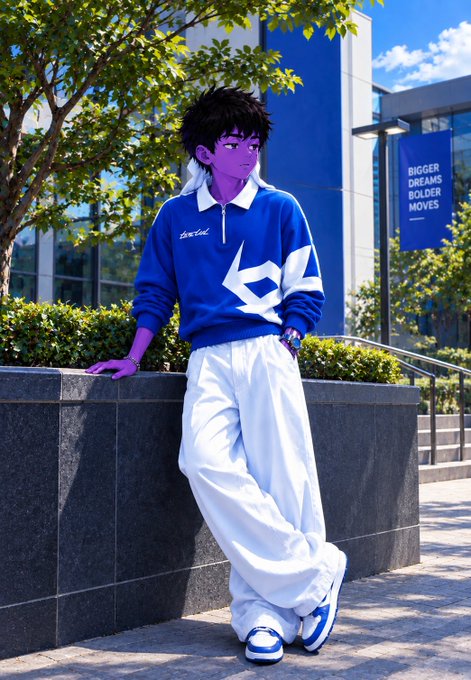 An anime-style illustration depicts a purple-skinned character wearing a blue sweatshirt and white pants, leaning against a stone wall outside a modern building displaying a banner that reads 'BIGGER DREAMS BOLDER MOVES'.