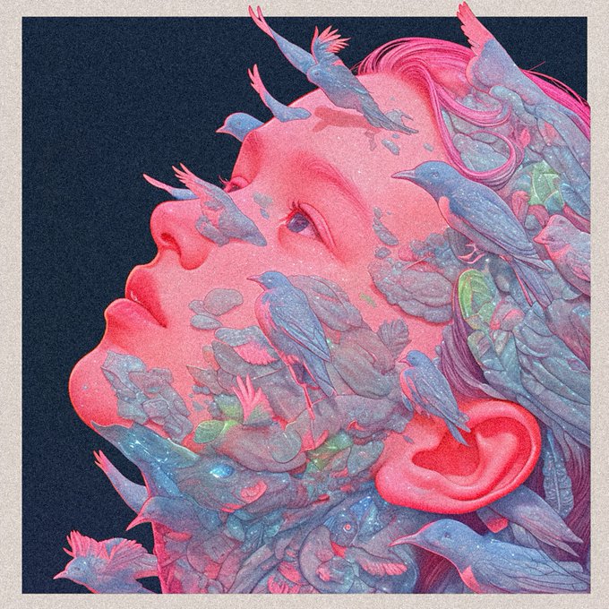 A surreal digital illustration shows a person's profile in pink and blue tones, with birds and leaves emerging from within their hair and face.