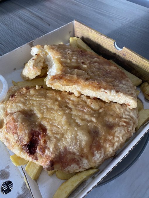 A photo of a meal consisting of two grilled cheese-topped meat patties served over french fries in a cardboard takeout box.