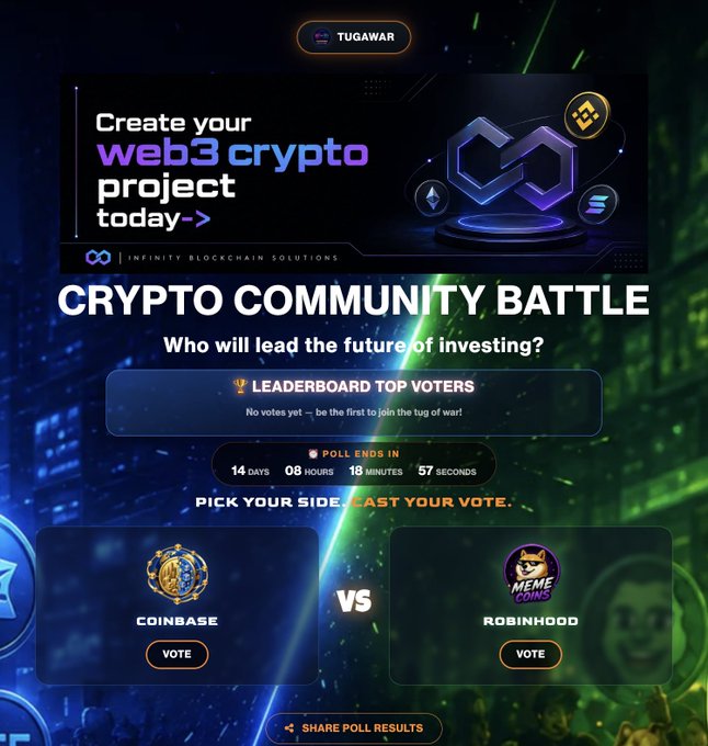 Promotional graphic for a 'CRYPTO COMMUNITY BATTLE' between Coinbase and Robinhood, featuring a 'TUGAWAR' banner, a countdown timer, and vote buttons.