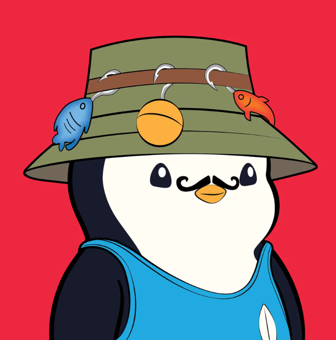 An illustration of a penguin character wearing a fishing hat with fish bait and a blue tank top against a red background.