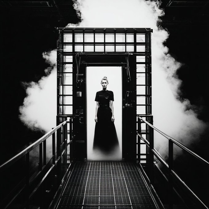 A woman in a black dress emerges from a brightly lit doorway at the end of a metal walkway, framed by billowing smoke in a stark black-and-white industrial setting. The eerie, ominous atmosphere reinforces the warning "ENTER AT YOUR OWN RISK," evoking the haunting aesthetic of the lunatics.ai brand.