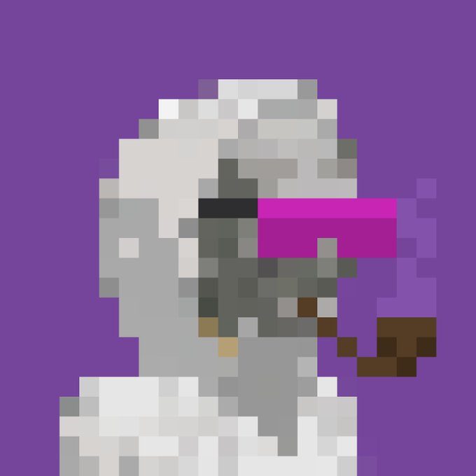 A pixel-art portrait of a light-haired person wearing bright pink glasses against a purple background, holding a brown smoking pipe.