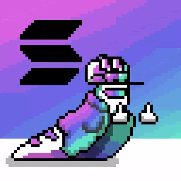 Pixel art of a colorful, abstract character giving the middle finger, set against a pink and blue gradient background with three black horizontal bars and a floating object.