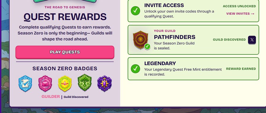 A 'Quest Rewards' game interface for 'The Road to Genesis' showing a 'PLAY QUESTS' button, Season Zero badges (with 'GUILDER | Guild Discovered' highlighted), and completed quests including 'Invite Access', 'Your Guild: Pathfinders', and 'Legendary'.