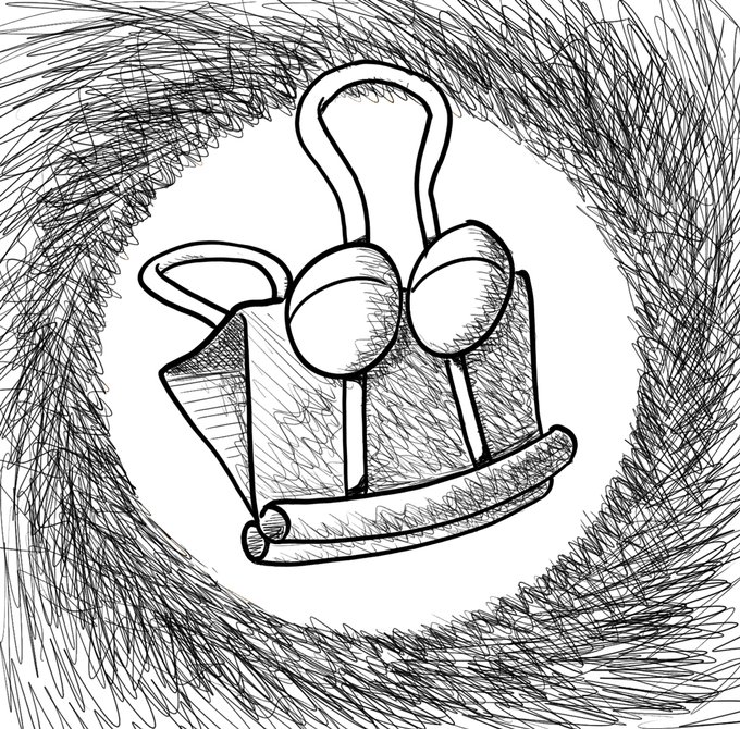 A black-and-white sketch-style drawing of a metal clipboard with two large round objects on top, surrounded by a swirling scribbled background.