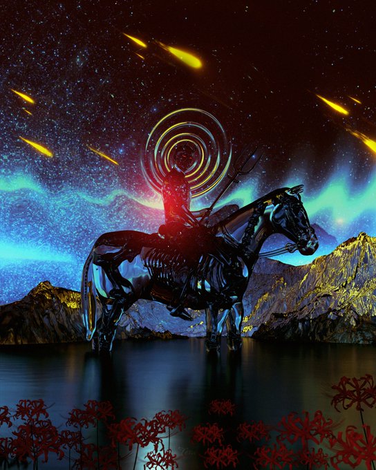 A surreal digital art piece showing a chrome/metallic horse and skeletal rider standing in dark water, with a glowing spiral halo behind the rider. The background features a starry purple sky with yellow shooting stars, blue nebula clouds, and red spider lily flowers in the foreground.