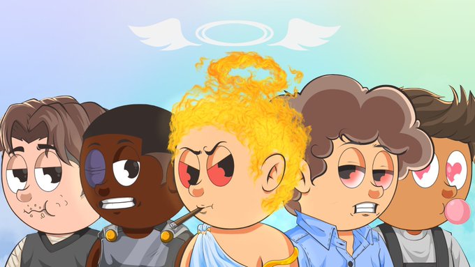 A digital illustration of five cartoon-style characters, with the central figure depicted with flaming yellow hair, red eyes, and a halo, wearing a toga and smoking a cigar.
