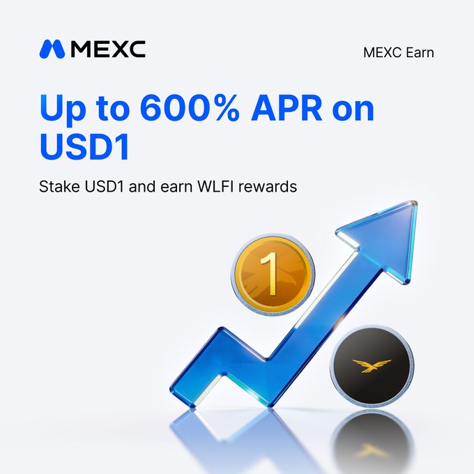MEXC Earn promotional banner advertising up to 600% APR on USD1 staking with WLFI rewards, featuring the MEXC logo, a gold coin marked "1," a black WLFI token emblem, and a blue upward arrow illustrating high yield growth.