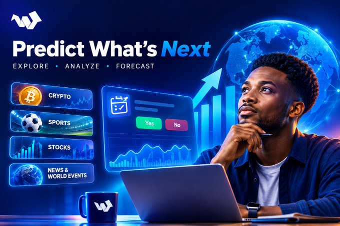A promotional graphic for 'Predict What's Next' (Explore • Analyze • Forecast) featuring a man with a laptop, a glowing globe, and category buttons for Crypto, Sports, Stocks, and News & World Events.