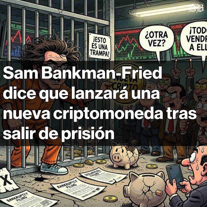 The image features a cartoon depicting a man, possibly Sam Bankman-Fried, standing behind a bar with a group of people gathered around him. The scene includes a piggy bank, which could be a symbol for money or wealth. The cartoon also includes text in Spanish that reads "Sam Bankman-Fried dice que lanza una nueva criptonoma al salir de la prisión El ex CEO de FTX, condenado a 25 años, planea lanzar una nueva criptomoneda al salir". The image seems to be related to the post about Bitcoin and its impact on the financial world.

The cartoon is accompanied by a cell phone held by one of the people in the scene, which could represent the influence of technology or the need for digital currency integration into traditional banking systems.