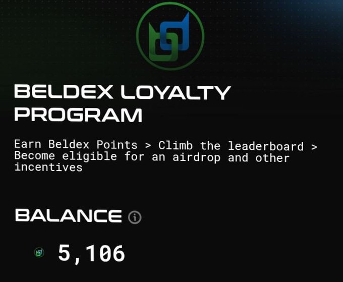 A screenshot of the "BELDEX LOYALTY PROGRAM" shows a balance of "5,106" with text explaining users can "Earn Beldex Points > Climb the leaderboard > Become eligible for an airdrop and other incentives."