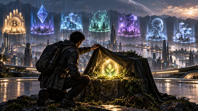 An artistic illustration showing a hooded figure kneeling before a glowing green emblem, with floating holographic icons including Bitcoin and Ethereum symbols displayed above a futuristic cityscape.