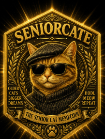 A badge design featuring a cat wearing sunglasses and a cap with the text 'SENIORCATE', 'OLDER CATS BIGGER DREAMS', 'MEOW REPEAT', and 'THE SENIOR CAT MEMECOIN'.