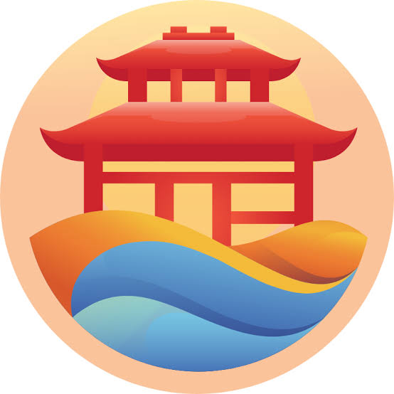 A circular illustrated icon featuring a red pagoda-style building with flowing orange and blue waves in the foreground.