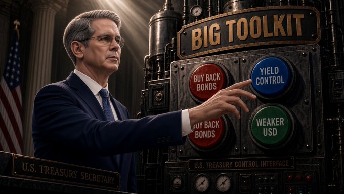 A U.S. Treasury Secretary stands at a control panel labeled "BIG TOOLKIT" with buttons for "BUY BACK BONDS," "YIELD CONTROL," and "WEAKER USD," illustrating the post's point that any of these fiscal measures—whether bond buybacks, yield curve control, or dollar devaluation—would ultimately benefit Bitcoin as a hedge against monetary policy intervention.