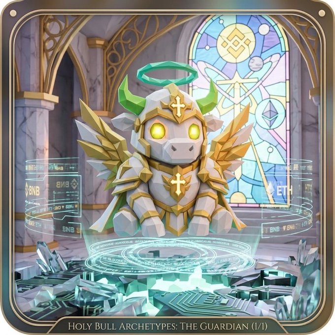 A fantasy trading card artwork titled 'Holy Bull Archetypes: The Guardian (1/1)' depicting a small armored bull figure with a green halo and gold armor sitting on a glowing magical circle, with BNB and ETH crypto symbols floating nearby.