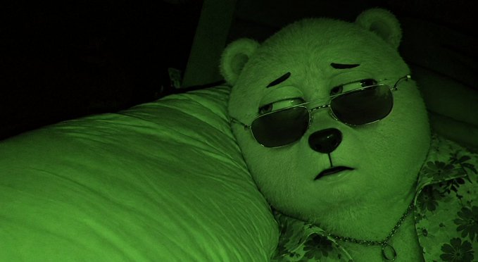 Night vision (green-tinted) photo of a person wearing a white teddy bear mask with sunglasses, lying on a pillow.