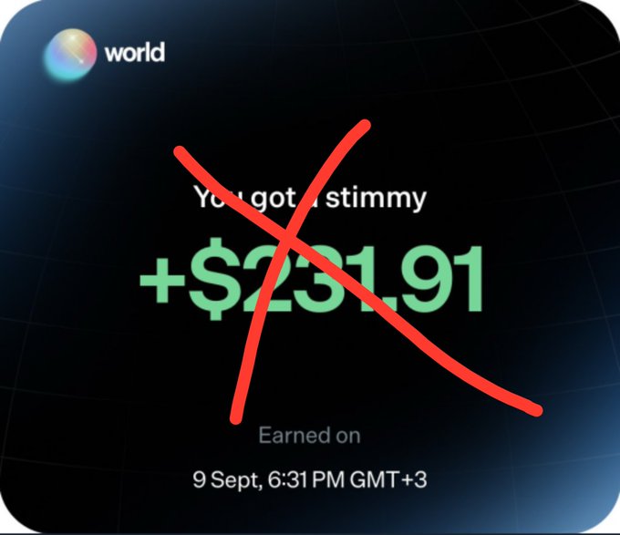 A screenshot showing 'You got a stimmy +$231.91' earned on '9 Sept, 6:31 PM GMT+3' with a large red 'X' drawn over it.