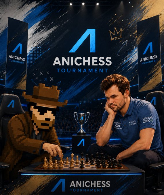 The image features a man sitting at a chessboard, playing against another player who appears to be wearing a hat with a crown on it. The background of the image shows banners for an upcoming AniChESS tournament, indicating that this is likely a promotional event or advertisement related to the tournament. The text in the image includes mentions of cryptocurrency and private banks, suggesting that there might be some financial aspect involved in the game or the event itself.