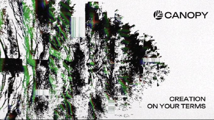 A promotional graphic for 'CANOPY' with the tagline 'CREATION ON YOUR TERMS' featuring abstract, glitchy green and black brushstrokes on a white background.