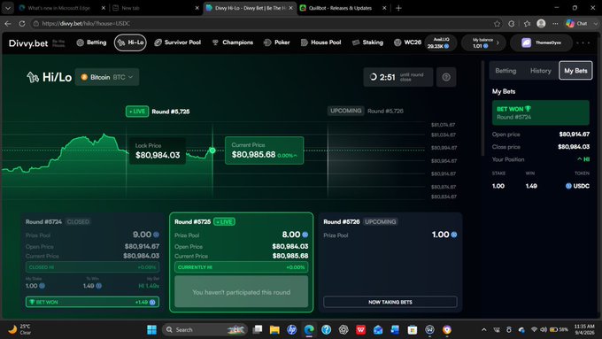 A screenshot of the Divvy.bet website showing a Bitcoin Hi/Lo betting game in progress, with current prices around $80,984 and active rounds for bets.
