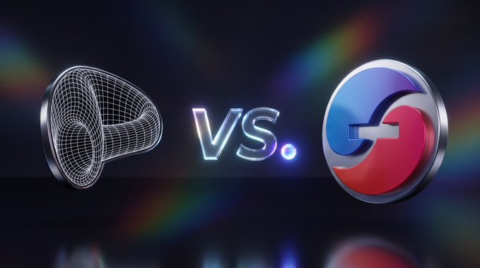 A stylized "VS." graphic pits a metallic 3D rendering of Curve Finance's distinctive triangular logo against the red and blue circular emblem of f(x) Protocol, visually framing the comparison between their DeFi stablecoin mechanisms—Curve's crvUSD (via LLAMMA) and f(x)'s xPOSITIONS.