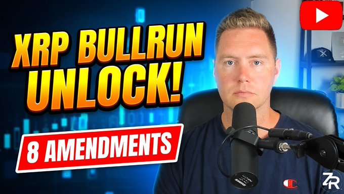 The image is a YouTube thumbnail featuring a man speaking into a microphone, with bold text reading "XRP BULLRUN UNLOCK!" and "8 AMENDMENTS" displayed alongside a stylized chart background. The "XR" logo in the corner and the post's mention of the Clarity Act and XRP upgrade suggest the video discusses regulatory clarity and upcoming improvements that could drive XRP's next major rally.