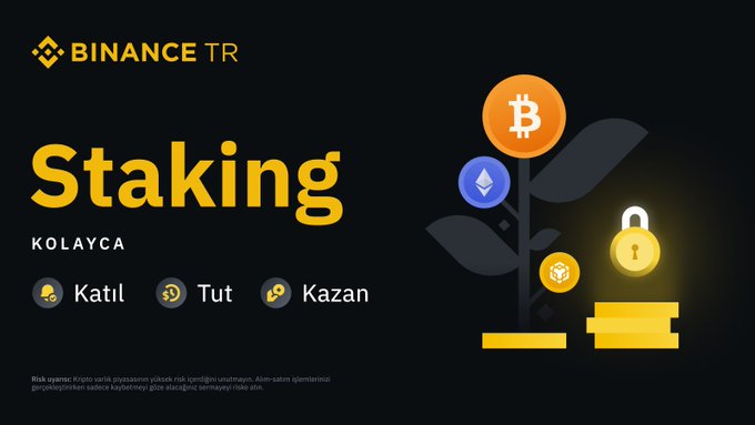 A Binance TR advertisement promoting crypto staking with the text "Staking KOLAYCA" (Staking Easily), featuring a plant graphic with Bitcoin, Ethereum, and Binance Coin logos growing alongside a padlock and coins. The graphic visually reinforces the post's message about earning passive income by illustrating how staking lets users grow their crypto holdings securely while they sleep.