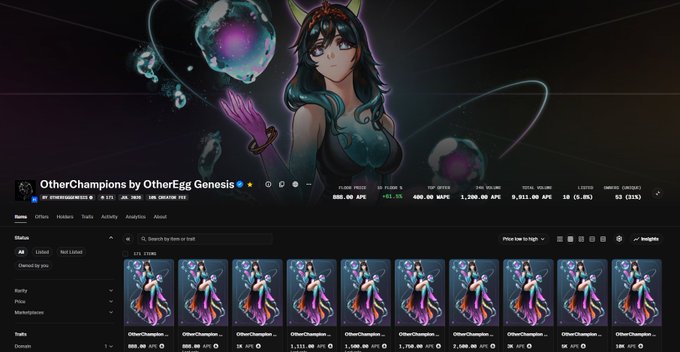 A screenshot of a digital collectibles page titled 'OtherChampions by OtherEgg Genesis' featuring anime-style female characters with a floating sword and orbs, displaying market stats and a row of identical NFT listings.