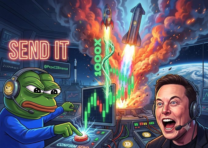 A colorful cartoon illustration showing a green character pressing a red button saying 'CONFIRM SEND' next to Elon Musk wearing headphones, with rockets launching and a candlestick chart showing '10000X', labeled '@PepeCZBinance'.