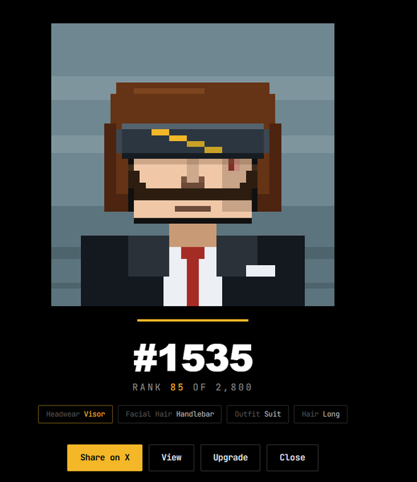 A pixel art character (#1535, Rank 85 of 2,800) shown as a person with long brown hair, a handlebar mustache, and a suit, wearing a visor's headwear, with options to Share, View, Upgrade, or Close.