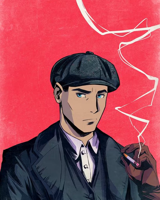 Stylized illustration of a man wearing a black flat cap and suit, smoking a cigarette against a red background with curling white smoke.
