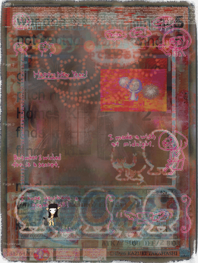 The image showcases a stylized digital artwork page resembling a weathered grimoire or magazine page, featuring pink sketches of cartoon characters, fantasy elements like dragons and mushrooms, and handwritten-style text including phrases such as "Heeere's Johnny!", "I made a wish at midnight," and "That color I decided it is a secret," with the watermark "Kazuki Tanahashi." It relates to the post as promotional card art for an artist (@terrorism) minting affordable NFT cards (0.07 SOL) to fund physical printing equipment.