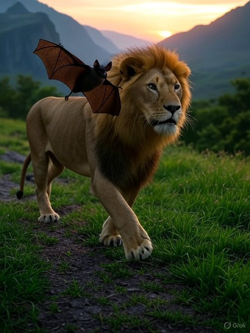 An AI-generated image showing a majestic lion walking through a grassy landscape at sunset, with a bat perched on its shoulder; the image is watermarked 'Grok'.